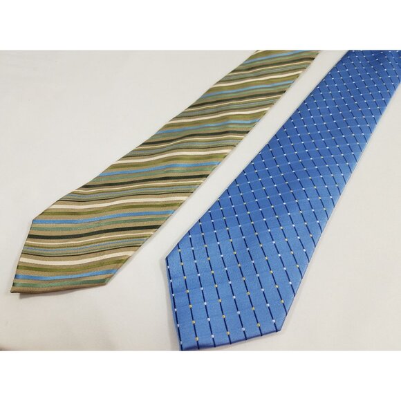 Geoffrey Beene Mens Necktie Silk lot of 2 Blue Dots Green Blue Tan Stripes ties - Picture 3 of 7